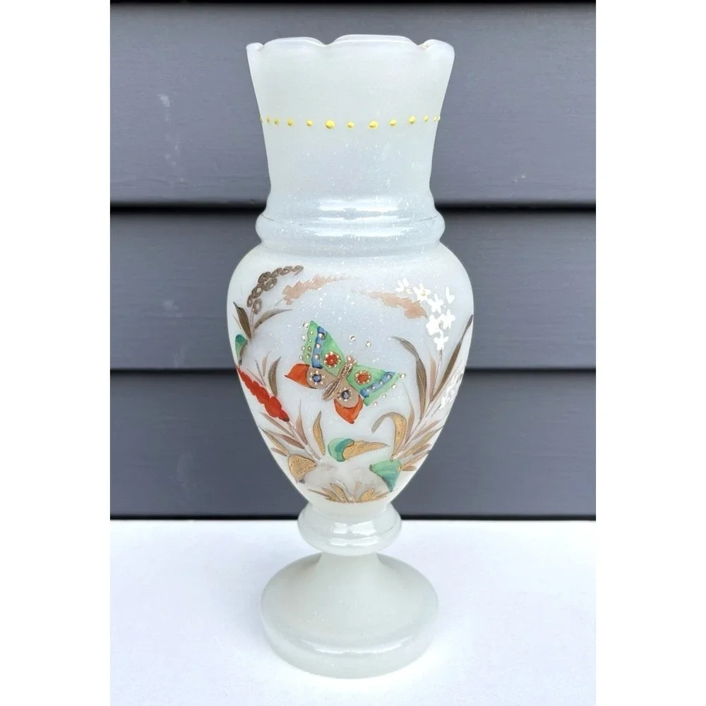 Antique Bristol opaline blown glass matched vases hand painted butterflies EVC